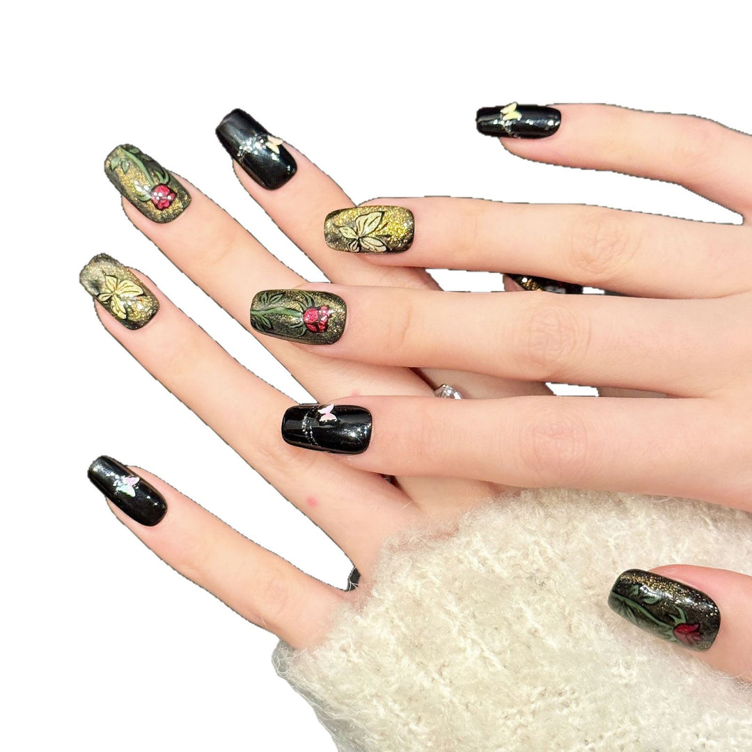Künstlerisches Floral Press-On Nagel Set mit Glitzerakzenten