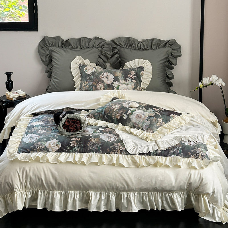 Luxuriöses Bettwäscheset mit floralem Muster, Volants und Satin-Finish