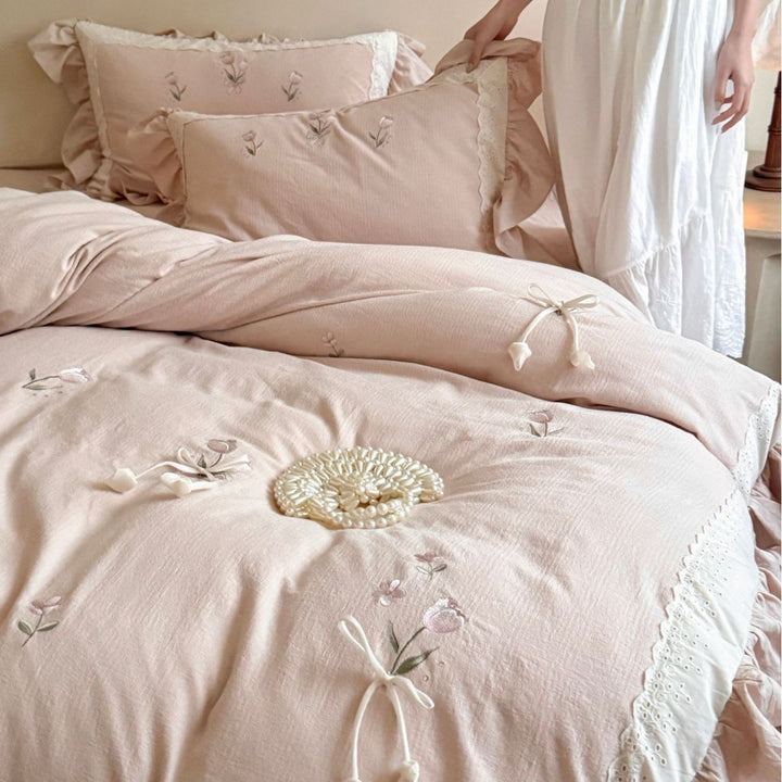 Embroidered Ruffle Cotton Duvet Cover Set