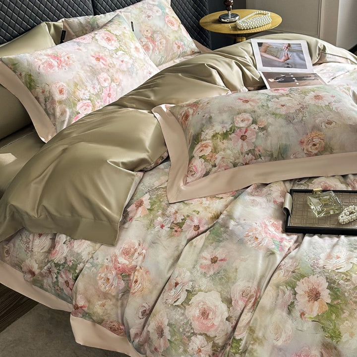 Seidene Blumen-Satin Bettbezug Set mit Satin Saum und Umschlagkissenbezügen