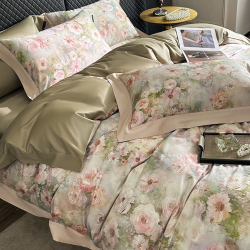 Seidene Blumen-Satin Bettbezug Set mit Satin Saum und Umschlagkissenbezügen