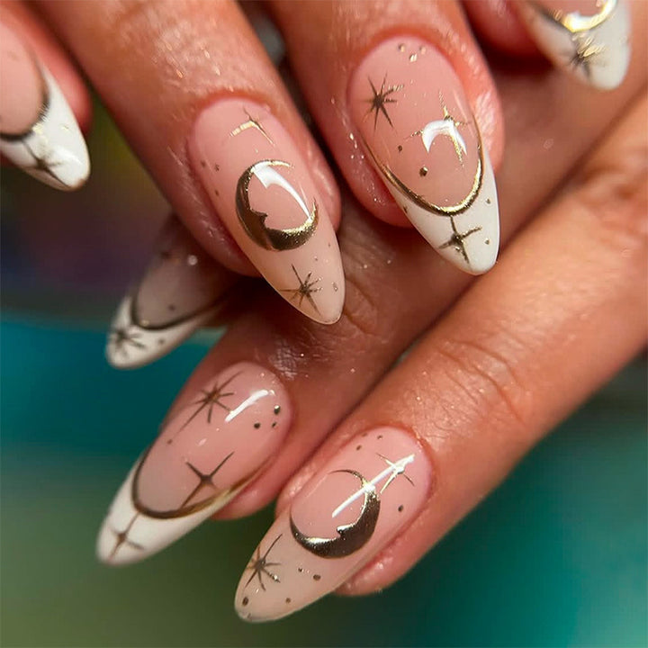 Künstlerischer Press-On-Nagel-Set mit geometrischen Mond- und Stern-Designs Karnz