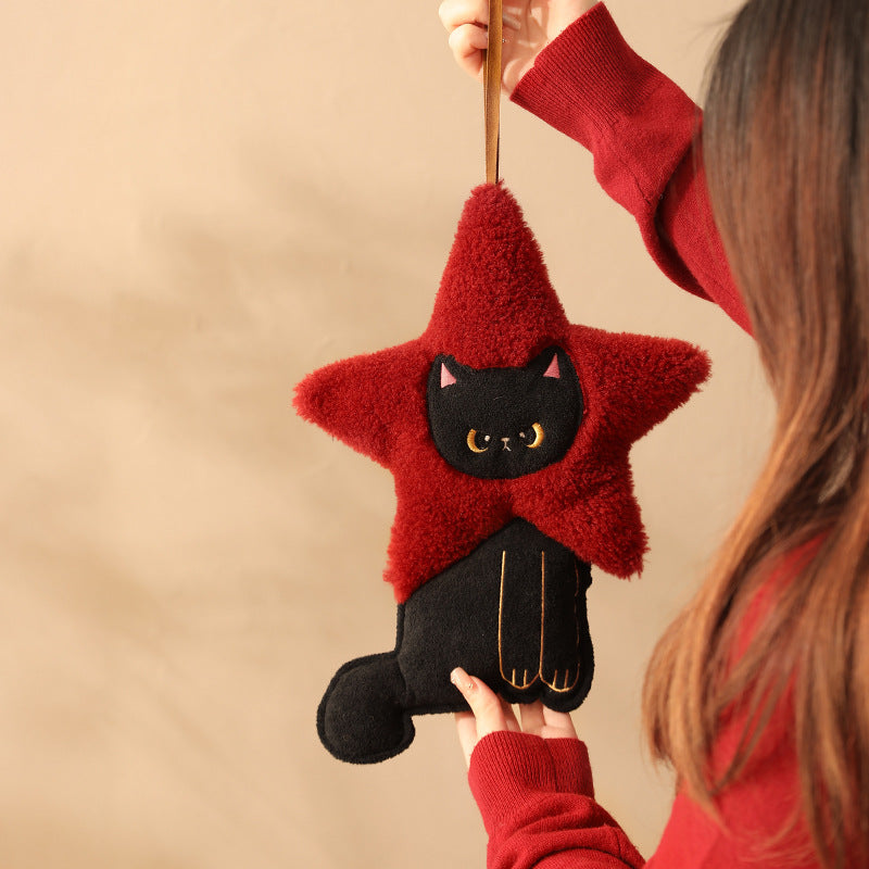 Plüschanhänger Sternform mit Katzenmotiv, kuscheliger Teddy‑Textur und Aufhängeband