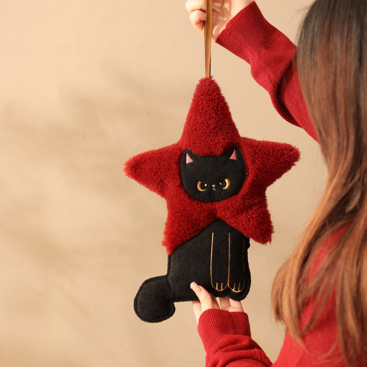 Plüschanhänger Sternform mit Katzenmotiv, kuscheliger Teddy‑Textur und Aufhängeband