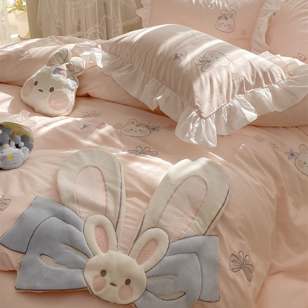 Bunny Applikation Rüsch Bettbezug Set mit dekorativen Kissenbezügen