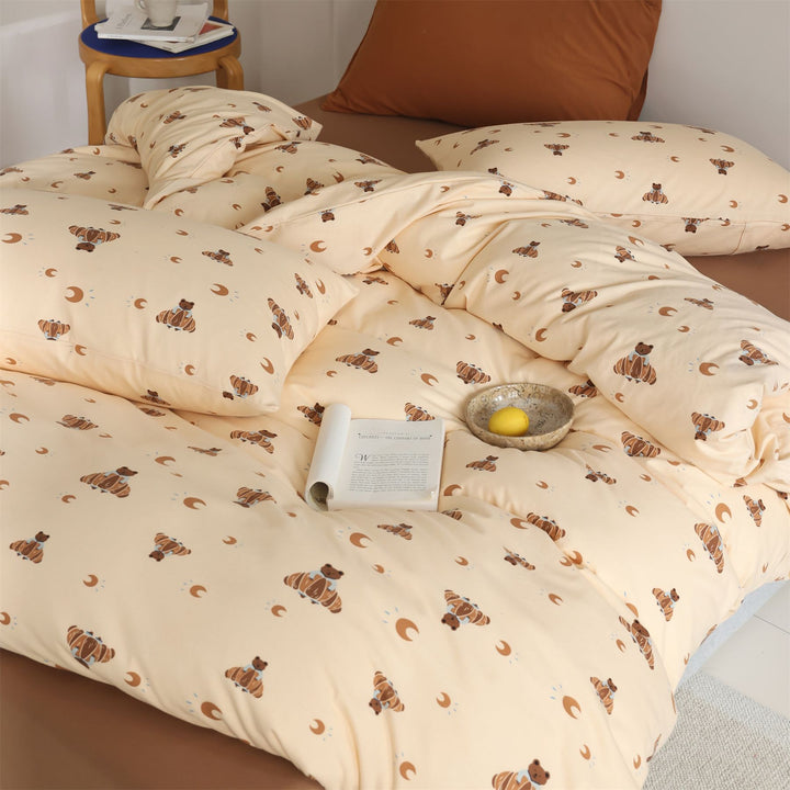 Wendbares Duvetbezug- und Kissenbezug-Set aus Baumwollsatin mit Teddybär- und Mondprint