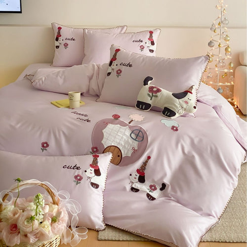 Bestickte Plüsch-Applikation Baumwollsatin Bettbezug Set mit dekorativem Katzekissen