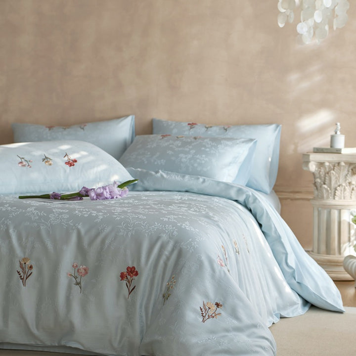 Botanisches Jacquard-Baumwollsatin Bettbezug-Set mit zarten Zweigstickereien und Umschlagkissenbezügen