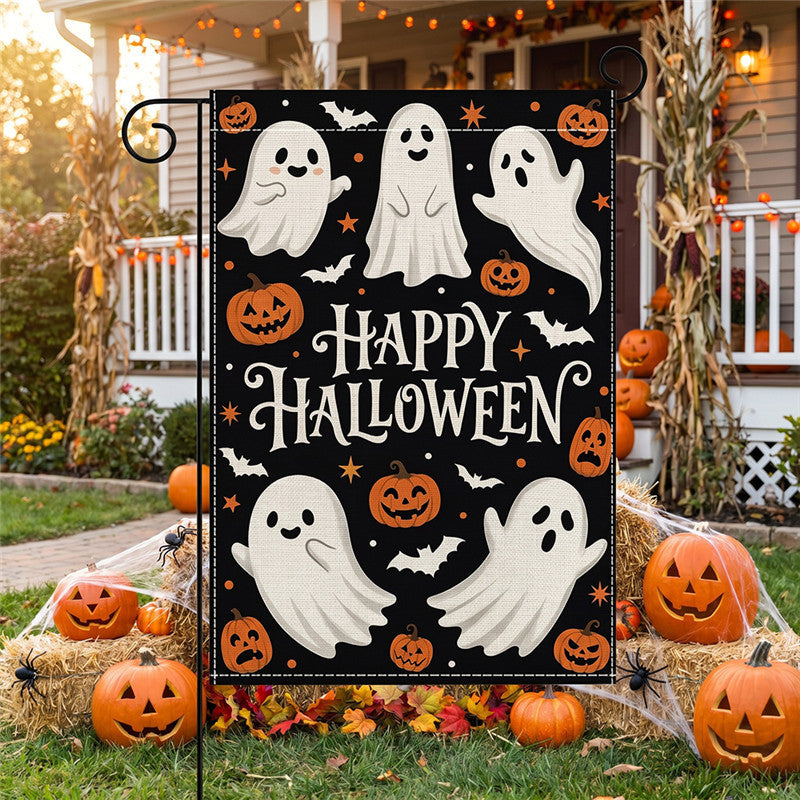 Schwerlast-Halloween-Spun-Polyester-Dekorationsgartenflagge mit verspielten Geistern und Kürbislaternen