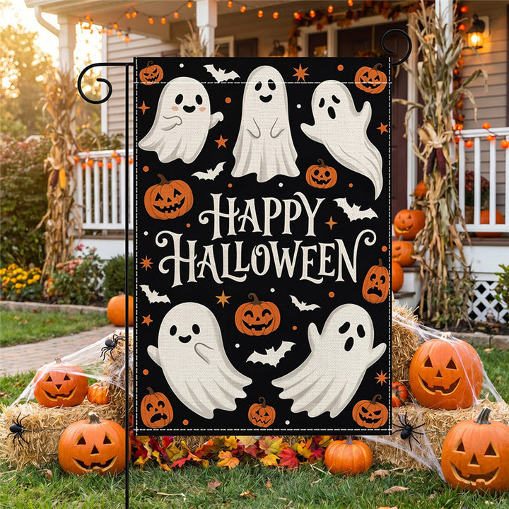 Schwerlast-Halloween-Spun-Polyester-Dekorationsgartenflagge mit verspielten Geistern und Kürbislaternen