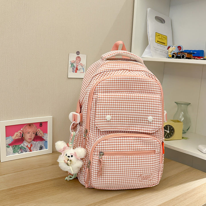 Gingham Print Mehrfach-Taschen Rucksack Karnz