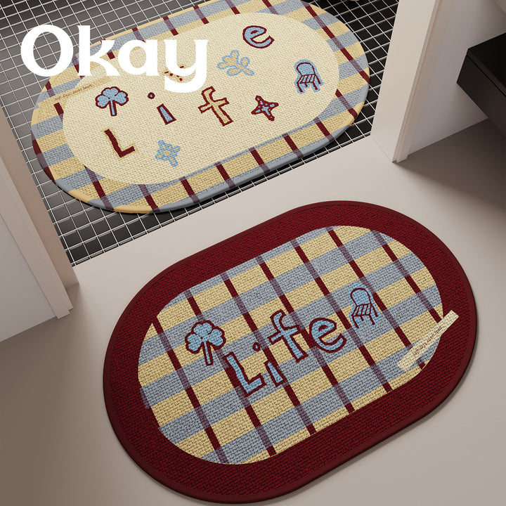 Decorative Oval Checkered Entrance Mat with Embroidered 'Life' Script and Non-Slip Backing