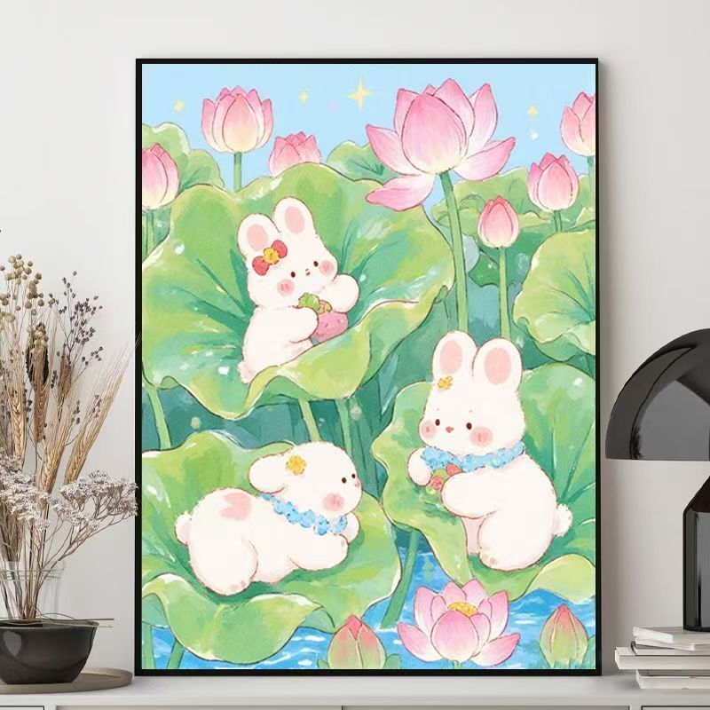 Niedliche Kaninchen-Themen-Illustration Leinwand Kunst Karnz