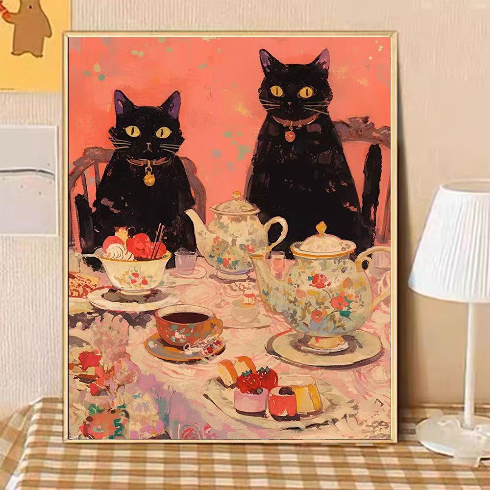 Verspielte katzenmotivierte Nachmittags-Tee-Leinwandkunst Karnz
