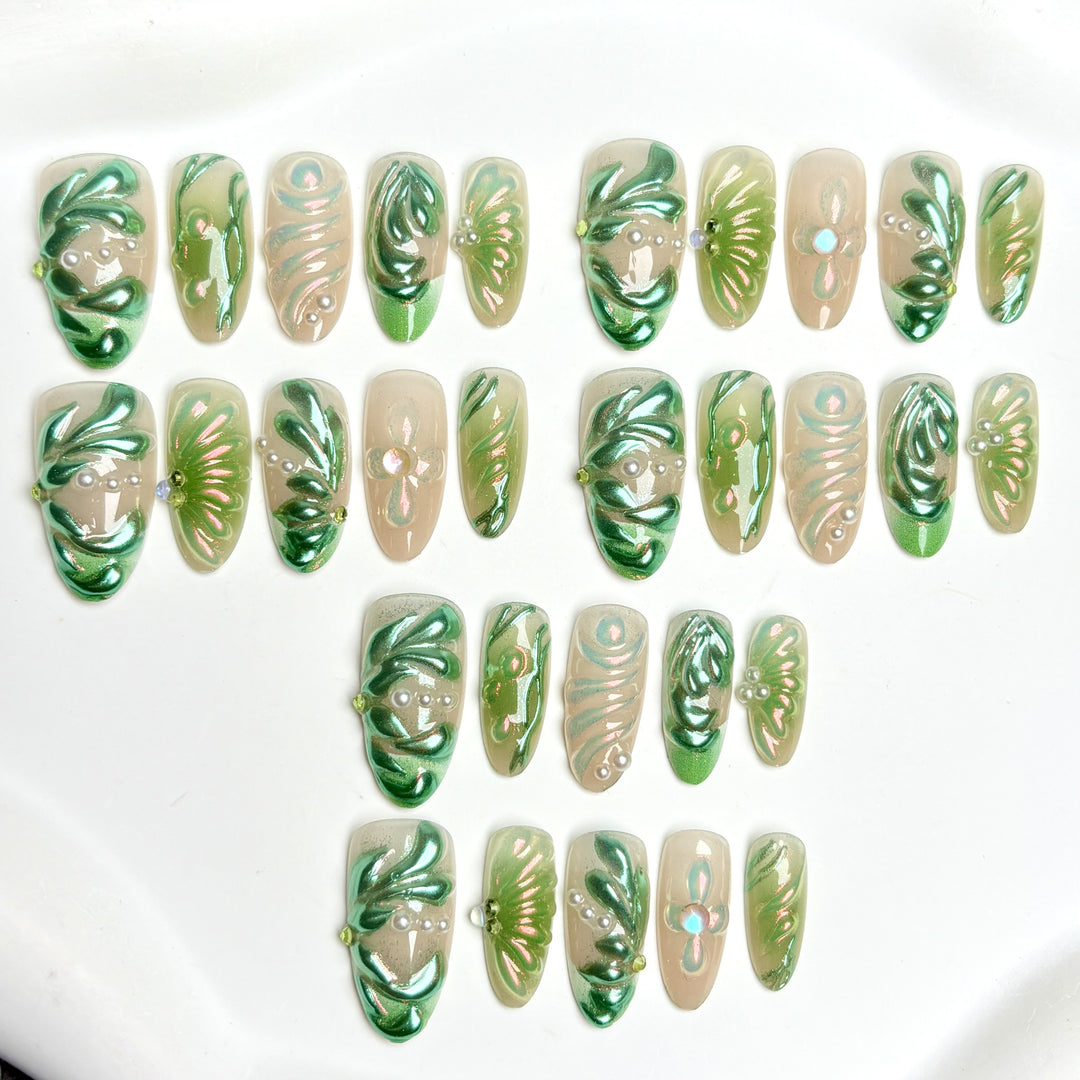 Künstlerisch Floral-Inspirierte Press-On Nagelset