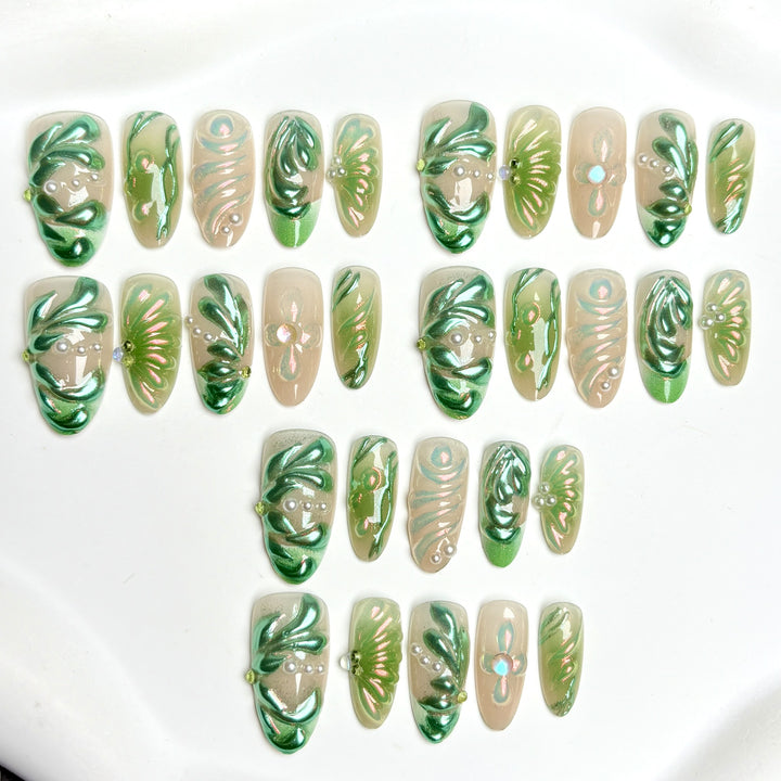 Künstlerisch Floral-Inspirierte Press-On Nagelset
