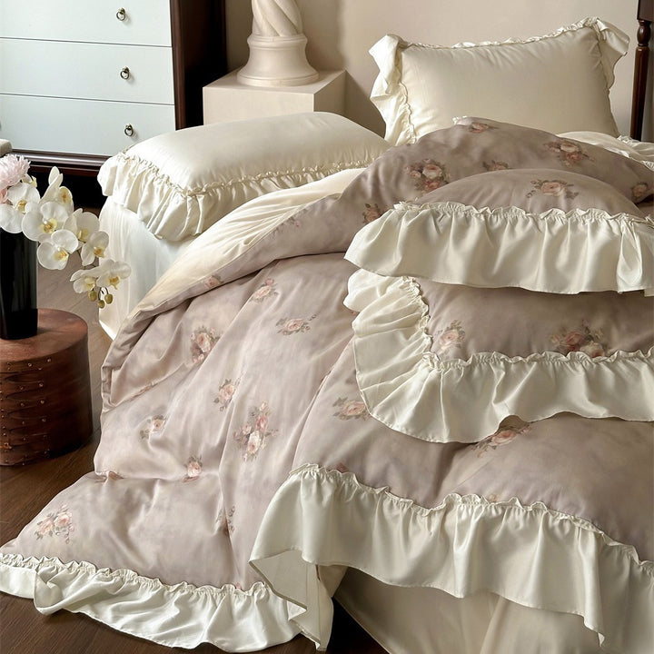 Vintage Rüsch Blumen Bettdecken-Set mit Kissenbezügen