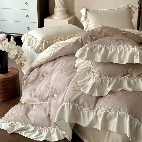 Vintage Rüsch Blumen Bettdecken-Set mit Kissenbezügen