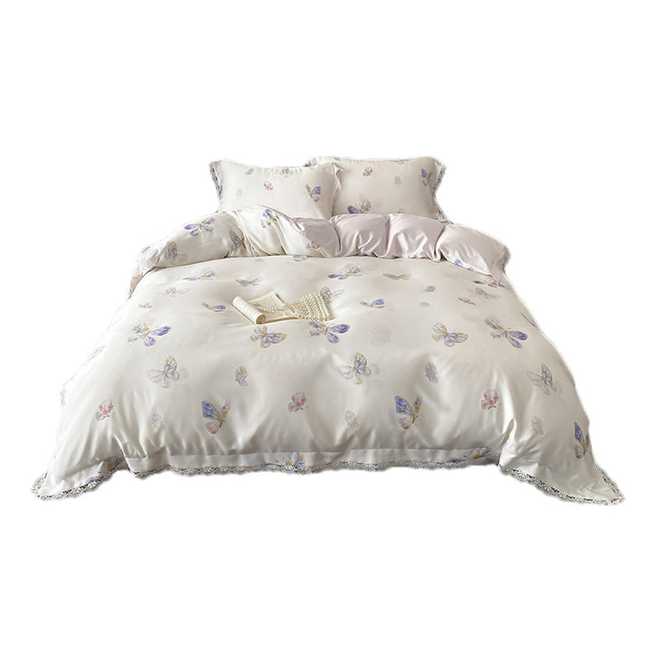Bettwäsche-Set aus Satin mit Schmetterlingsmuster und Spitzenrand