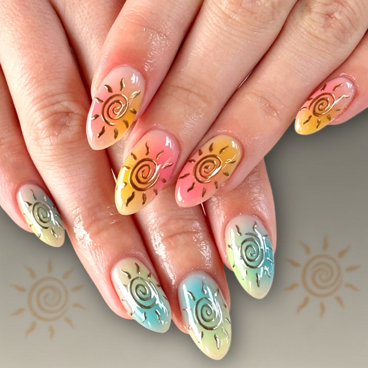 Künstlerisches Press-On-Nagelset mit Sonnendesigns Karnz