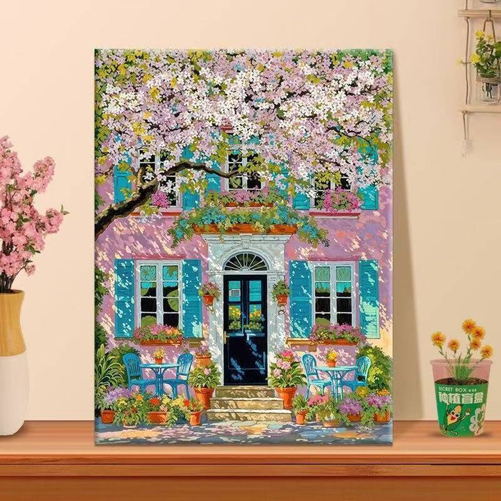 Vibrant Floral Café Landschaft Leinwand Kunst Karnz