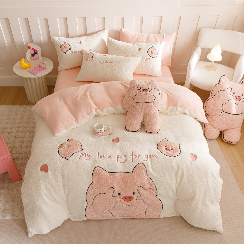 Kuschelige Teddyfleece-Bettwäsche-Garnitur mit Schweine-Applikationen