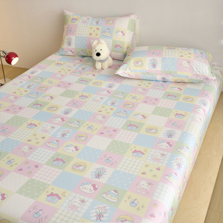 Spannbettlaken- und Kissenbezug-Set für Kinder aus weichem Baumwoll-Jersey mit Karomuster und Teddy-Print