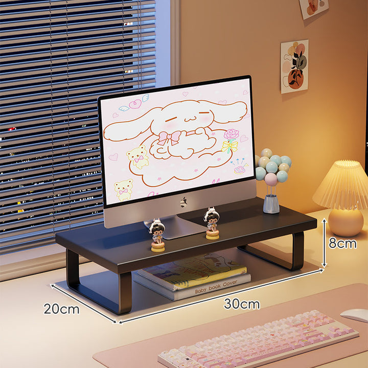 Kompakte Holz-Desktop-Monitorerhöhung mit Metallbeinen und unterer Ablagefläche