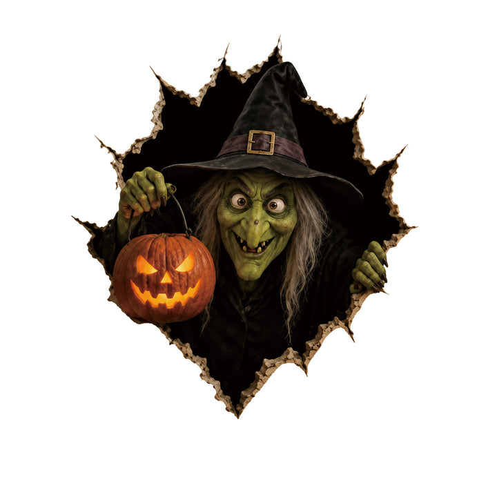 Realistisches 3D Wandtattoo Halloween‑Hexe mit durchbrechender Wand und Süßigkeiten
