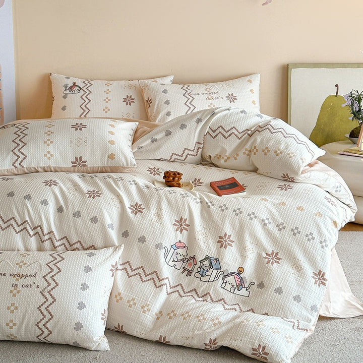 Gesteppt Baumwollsatin Tumble Kitten Druck Komforter und Kissenbezug Set