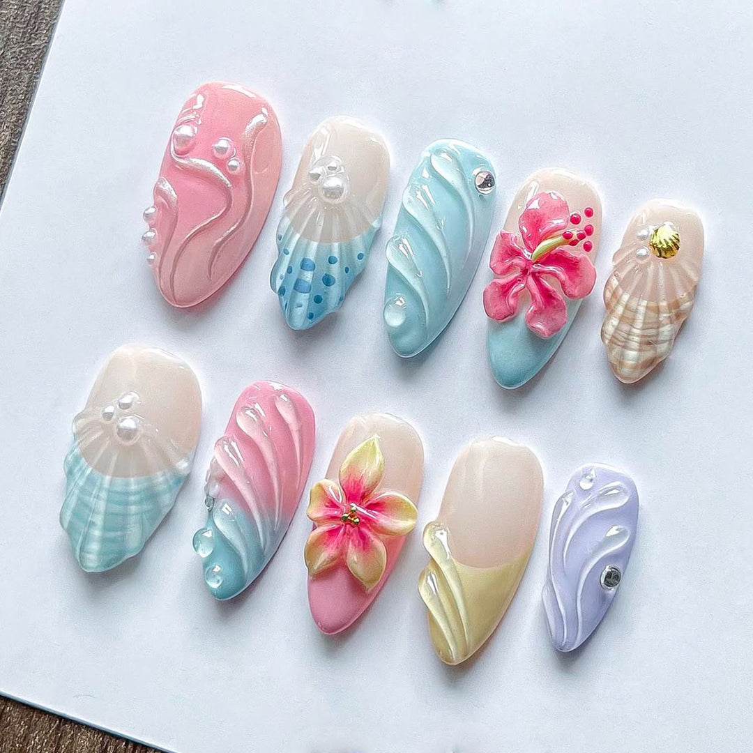 Dekorative 3D Blumen- und Muschel-Press-On-Nagelkunst Karnz