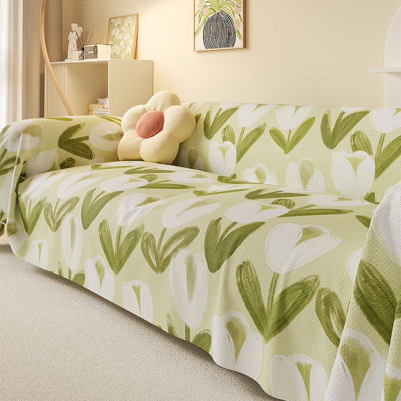 Stretch Jacquard Sofa Slipcover with Watercolor Tulip Print