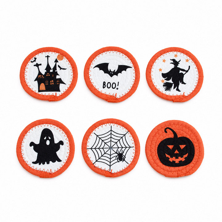 Runde Filz- und Baumwoll-Untersetzer mit gesticktem Halloween-Spukhausmotiv