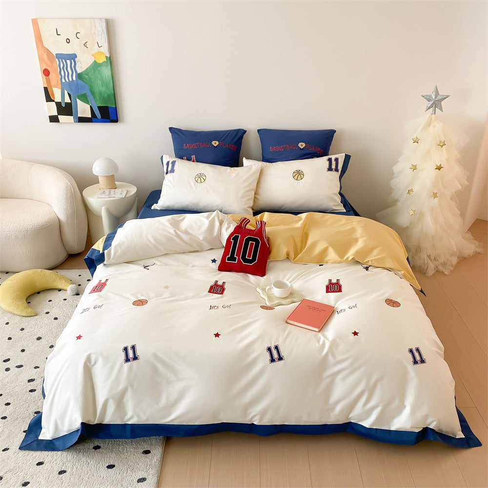 Basketball-Themen Kinder Bettwäsche Set mit Wendbarem Satin-Finish und Gestickten Jersey-Patches