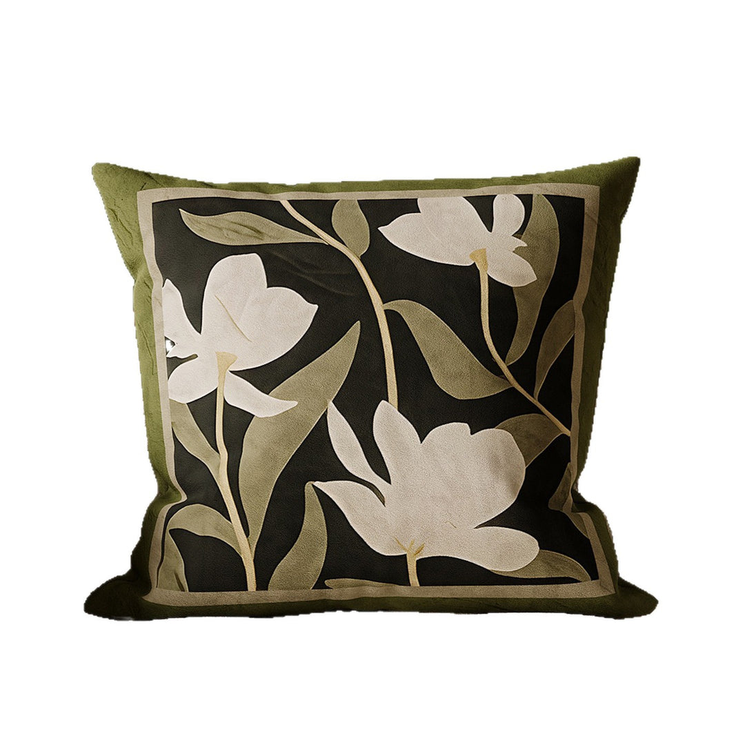 Square Suede-Texture Botanical Print Cushion Cover with Concealed Zipper