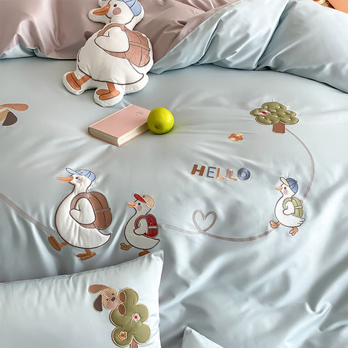 Kinder Cartoon Gans Bestickte Baumwollsataen Bettbezug Set