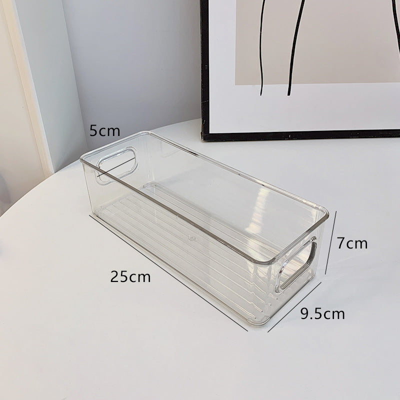 Flache transparente Aufbewahrungsbox mit integrierten Griffen und rutschfestem Boden