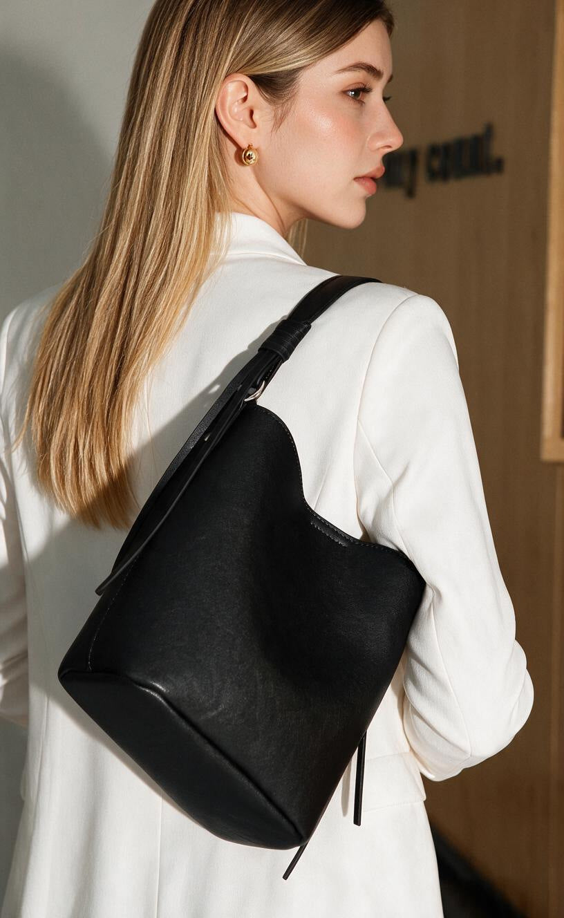 Strukturierte Leder-Schulter-Bucket-Tasche mit geknotetem Träger