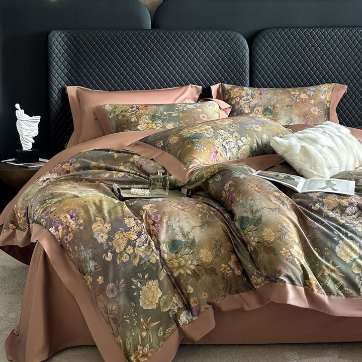 Seidene Blumen-Satin Bettbezug Set mit Satin Saum und Umschlagkissenbezügen