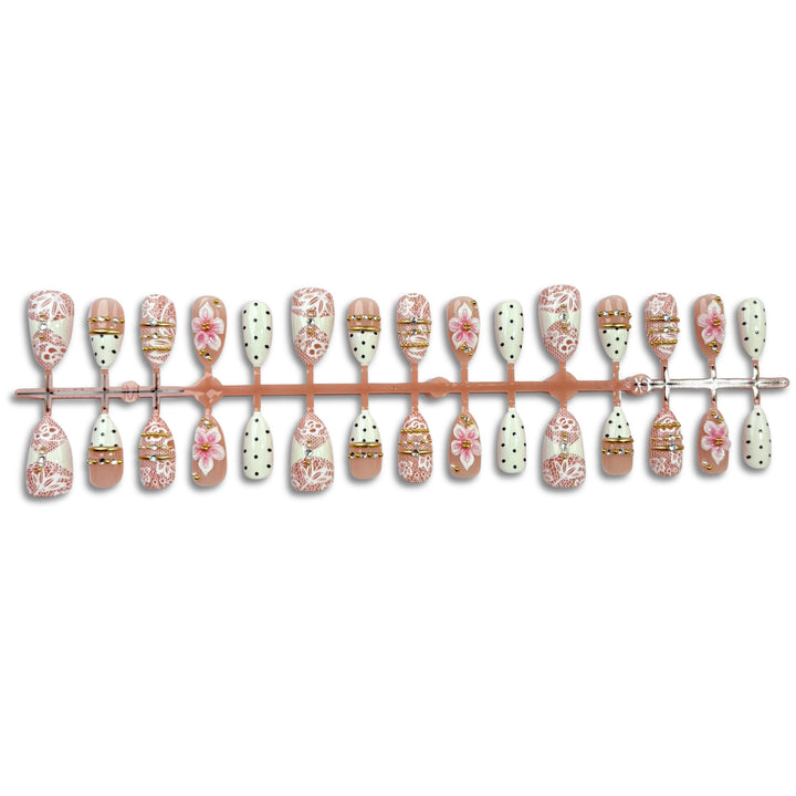 Dekoratives Floral- und mit Edelsteinen verziertes Press-On-Nagelset