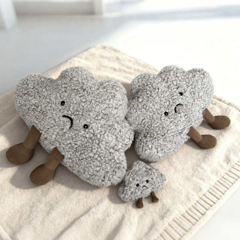 Curly Faux-Fur Traurige Wolken Plüschkissen mit Cord-Beinen und gesticktem Gesicht Karnz