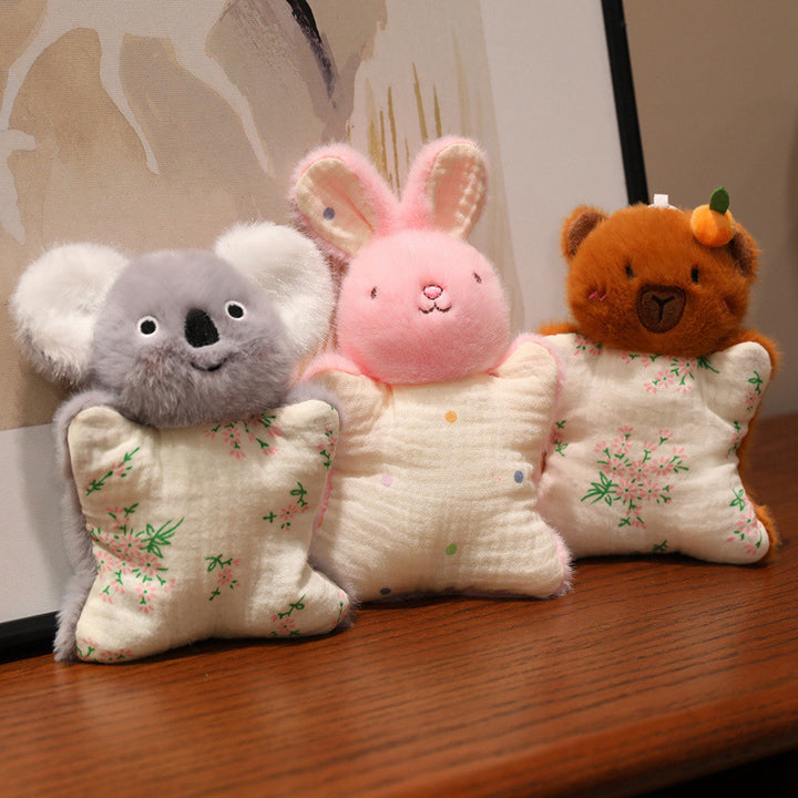 Plüsch-Hase Musselin-Decke mit Kunstfellkopf, sternförmiges Kuschelkissen & Aufhängeschlaufe Karnz