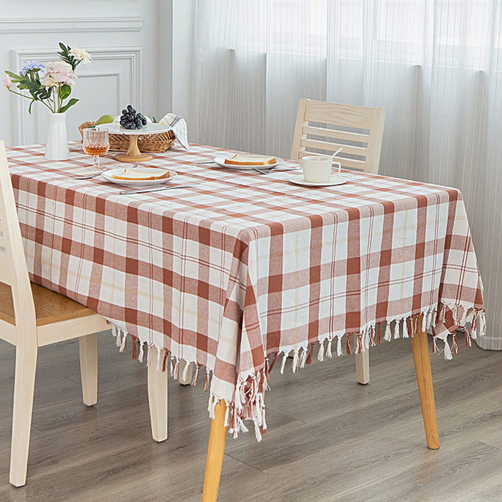 Rechteckige Leinenoptik-Tischdecke im Karomuster mit Fransenbordüre