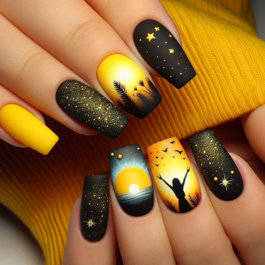Künstlerische Sonnenuntergang-Nagelkunstverlängerungen Karnz