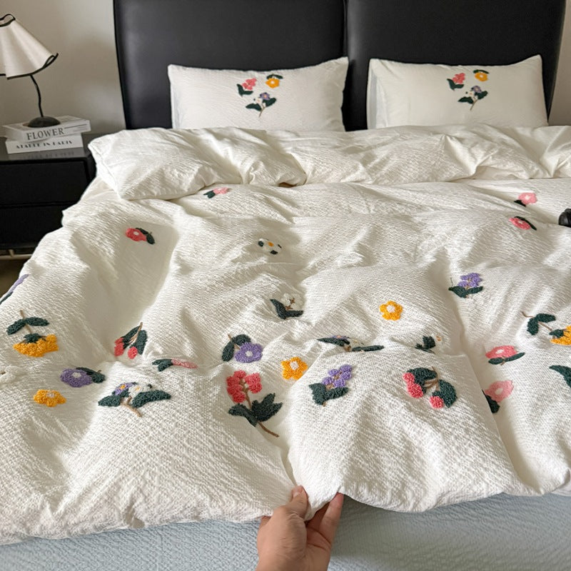 Texturiert Gesticktes Floral Bettbezug-Set mit Tufted Applikation