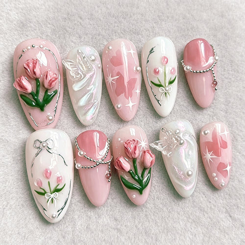 Blumenmuster Press-On Nagelkunstset mit 3D-Elementen Karnz