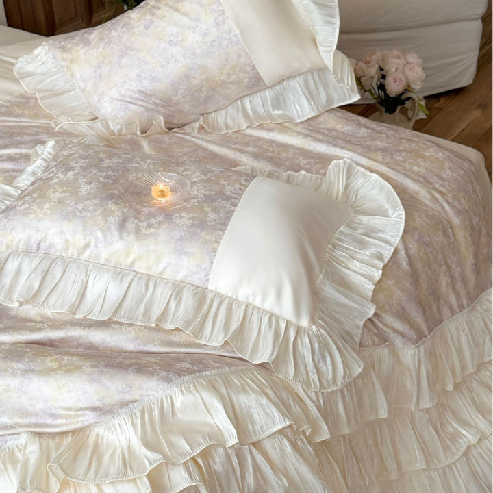 Rüschensatinbesatz Blumencotton-Satin Bettbezug-Set