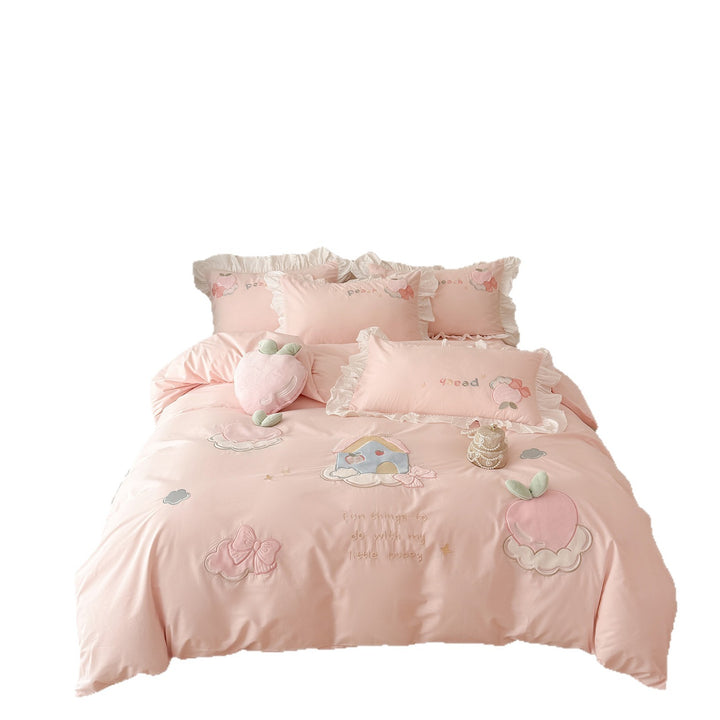 Embroidered Peach Appliqué Ruffled Duvet Cover Bedding Set with Decorative Pillow Shams