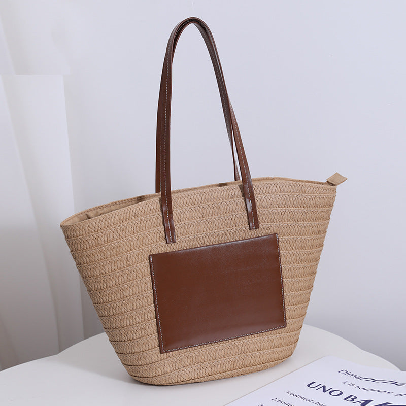 Damen Handgefertigte Tasche aus geflochtenem Naturmaterial mit eleganter Lederapplikation Karnz