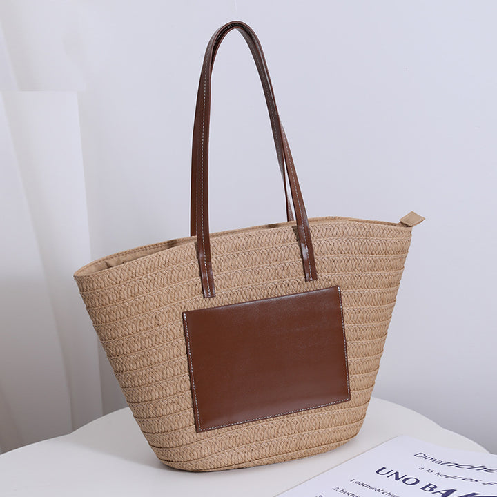 Damen Handgefertigte Tasche aus geflochtenem Naturmaterial mit eleganter Lederapplikation Karnz